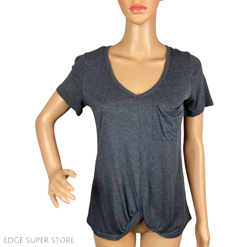 Avec Les Filles Dark Grey Jersey Knot Tie Up V Neck Pocket Soft Shirt Top XSmall